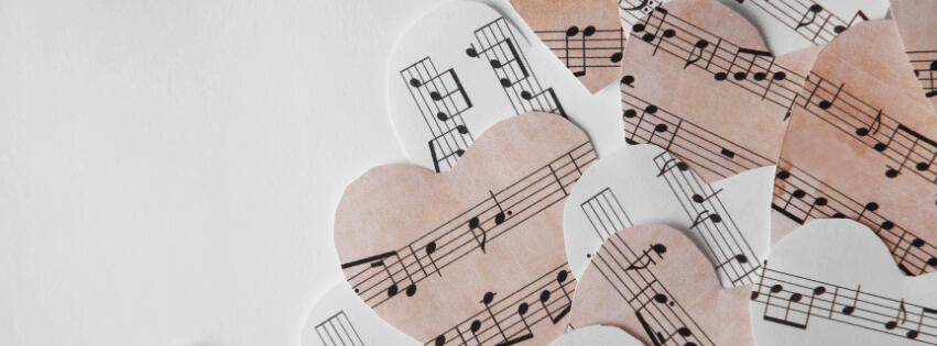 Paper hearts with music notes background and Privacy Policy headline text